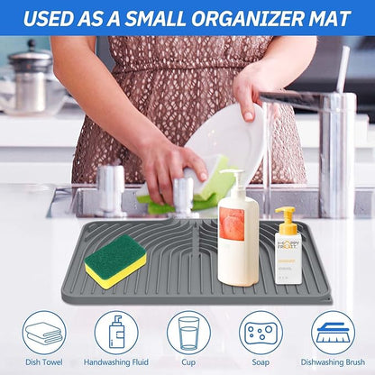 Dish Drying Mat for Kitchen Counter, with Built-in Drain Lip, Food-Grade Silicone, Easy Clean Pad for Countertop Protection, Multi-Functional Use (14.7x10.2, Grey)