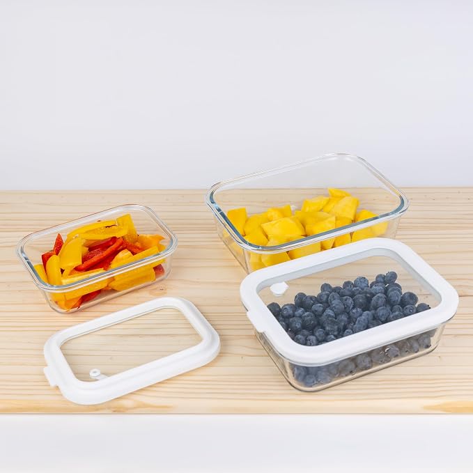 Sio GLASS storage containers with GLASS lids, NO PLASTIC, Set of 3, Airtight Small Medium Large for Food Meal Prep, Silcone Bowl Container (White)