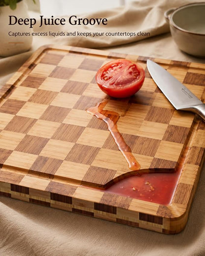 Cutting Board,Heavy Duty Cutting Board Set of 3 with Stand,End Grain Butcher Block Cutting Boards for Kitchen with Juice Grooves and Handles for Meat, Cheese, Charcuterie and Serving