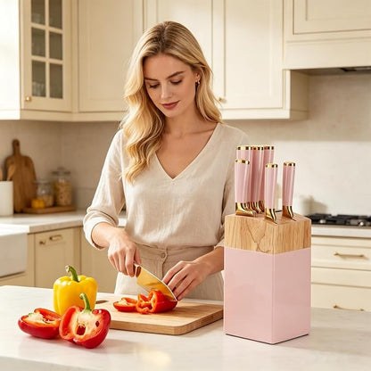 Aesthetic Gold Pink Kitchen Knife Set,7Pcs Gold Titanium Coated Dishwasher Safe Knife Block Sets,Wooden Block with Built-In Sharpener,Luxury Gift for Women Modern Kitchen