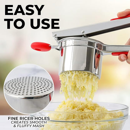 Zulay Kitchen Premium Large 15oz Potato Ricer, Heavy Duty Professional Stainless Steel Potato Masher and Ricer Kitchen Tool, Press and Mash Kitchen Gadget - Red and Silver Fixed Disc