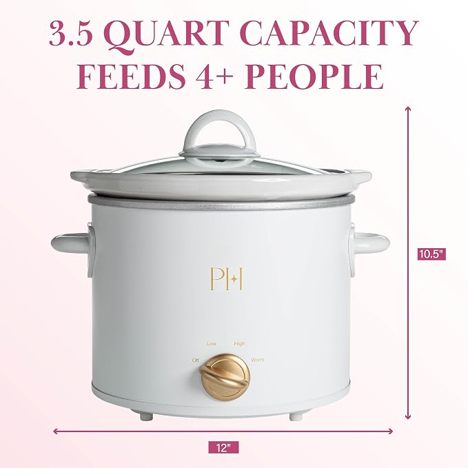 Paris Hilton 3.5-Quart Manual Slow Cooker, Naturally Nonstick Stoneware Ceramic Insert, Three Settings (Low, High, Warm), Dishwasher Safe Family Size Slow Cooker, White