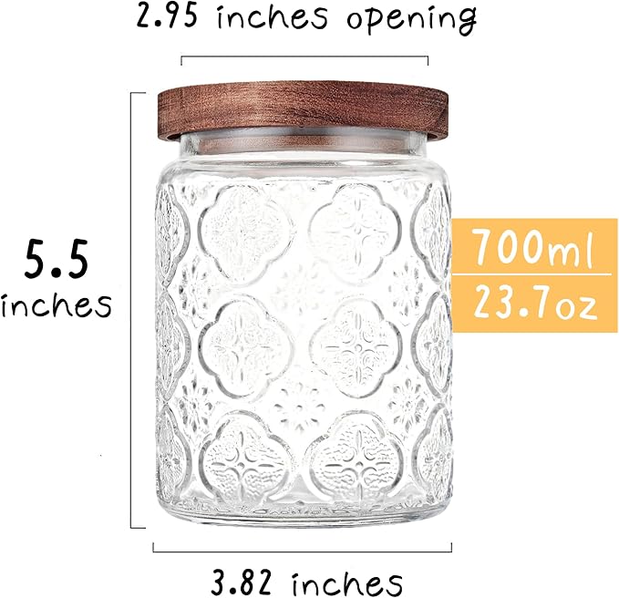 Custde Glass Storage Jars With Airtight Lid, 23.7oz Container For Kitchen Counter with Wooden Lid, brown sugar, candy, coffee, cookie, salt, tea, cute Jar (Begonia Flowers*2)