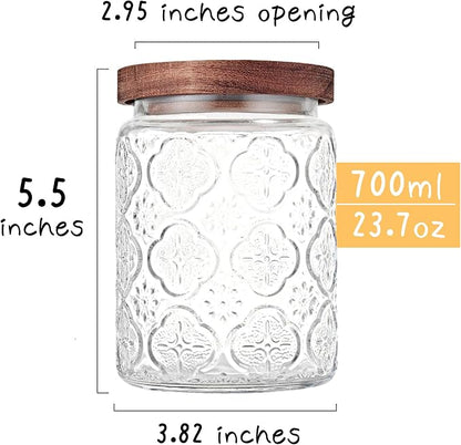 Custde Glass Storage Jars With Airtight Lid, 23.7oz Container For Kitchen Counter with Wooden Lid, brown sugar, candy, coffee, cookie, salt, tea, cute Jar (Begonia Flowers*2)