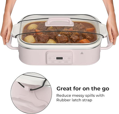 4 Quart Casserole Programmable Slow Cooker with Ceramic Baking Dish - Perfect Kitchen Small Appliance for Family Dinners, Oven Safe and Durable Bakeware for Lasagna, Roasts, Pink