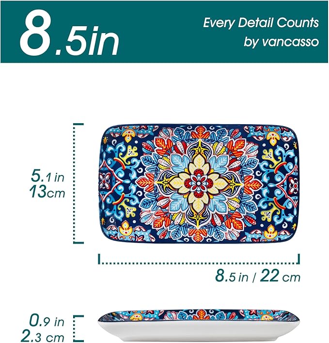 vancasso Simi 6-Piece Rectangular Ceramic Plates Set, 8.5" x 5.1" Small Dessert & Sushi Plates, Bohemian Appetizer Serving Plates, Microwave & Oven Safe Porcelain Plates