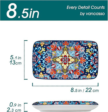 vancasso Simi 6-Piece Rectangular Ceramic Plates Set, 8.5" x 5.1" Small Dessert & Sushi Plates, Bohemian Appetizer Serving Plates, Microwave & Oven Safe Porcelain Plates