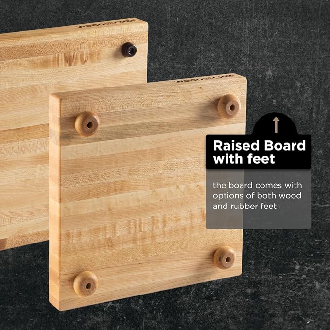 WoodForChef Hardwood Butcher Block with Feet - Hard Maple Edge Grain Cutting Board with Dual Pairs of Wooden and Rubber Legs - Elevated Chopping Board for Precision Cutting - 12x12x1.5 inches (Square)