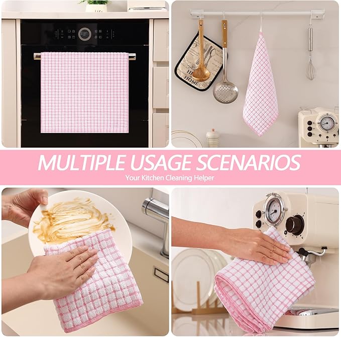 Homaxy Kitchen Towels and Dishcloths Set, 16 x 25 and 12 x 12 Inches, Set of 12 Cotton Terry Kitchen Dish Towels, Super Soft and Absorbent Dish Cloths, Pink