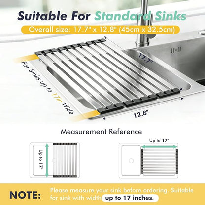 Roll Up Dish Drying Rack Over The Sink, Stainless Steel Collapsible Dish Drainer Rack for Kitchen Sink, Non-Slip Heat Resistant Space Saving Sink Drying Rack, 17.7" x 12.8"
