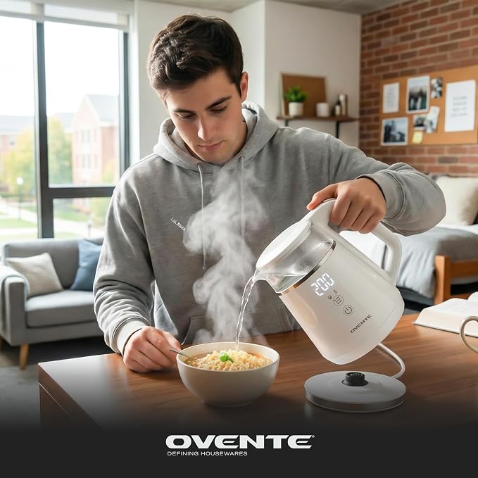 OVENTE 1L Small Electric Kettle with 5 Temperature Preset, Digital Display, 5Hr Keep Warm, Auto Shut-Off, Double-Wall Cool Touch Exterior, Borosilicate Glass,1500W BPA Free Water Boiler, White KD95W