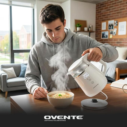 OVENTE 1L Small Electric Kettle with 5 Temperature Preset, Digital Display, 5Hr Keep Warm, Auto Shut-Off, Double-Wall Cool Touch Exterior, Borosilicate Glass,1500W BPA Free Water Boiler, White KD95W