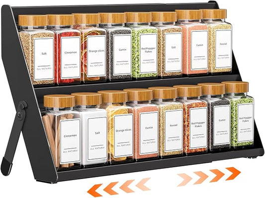 Spice Rack Organizer for Cabinet, 12.8 to 21.8in Expandable Spice Rack, Metal 2 in 1 Spice Drawer Organizer Spice Shelf for Kitchen Countertop Cabinet Drawer, Fits Jars ≤2.1in(Jars Not Included)
