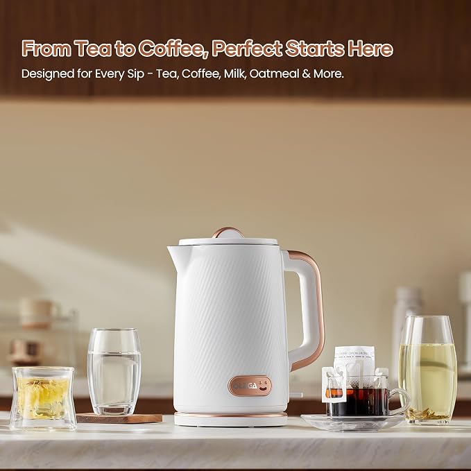 OLEGA Electric Kettle: 1200W Fast Boil Electric Water Kettles, 1.5L Double Wall Stainless Steel Tea Kettle, Auto Shut-Off, BPA-Free Hot Water Boiler Teapot for Coffee & Tea (White)