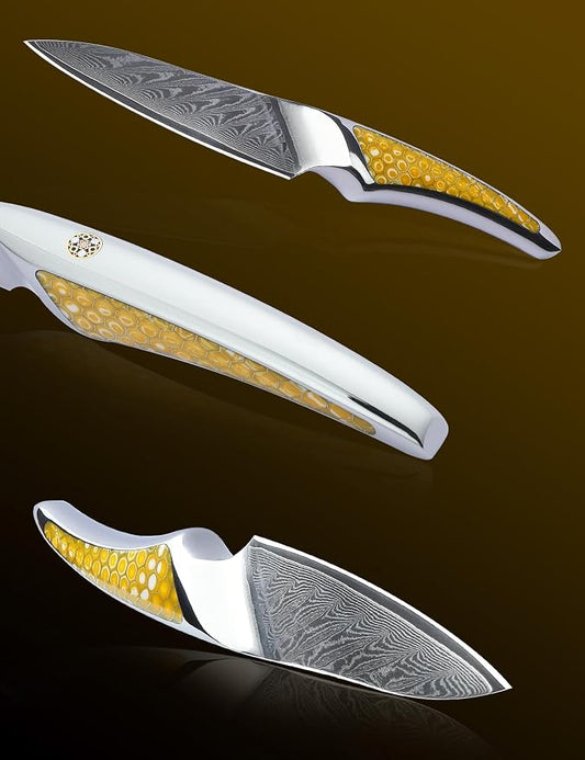 3.5 inch Paring Knife, Japanese VG-10 Damascus Steel Kitchen Knife, Ultra Sharp Fruit Knife with Full-tang Handle in Yellow Resin, LA-S9 Series