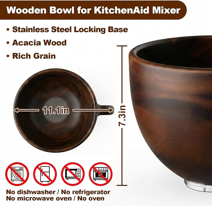Cofun Premium Wood Mixing Bowl, Compatible with 4.5-5 Qt Tilt-Head Stand Mixers, Natural True Wooden Bowls, 5 Qt Wooden Bowl for KitchenAid with Stainless Steel Locking Base, Handle