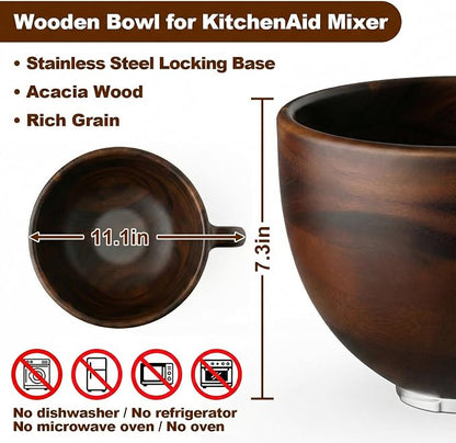 Cofun Premium Wood Mixing Bowl, Compatible with 4.5-5 Qt Tilt-Head Stand Mixers, Natural True Wooden Bowls, 5 Qt Wooden Bowl for KitchenAid with Stainless Steel Locking Base, Handle
