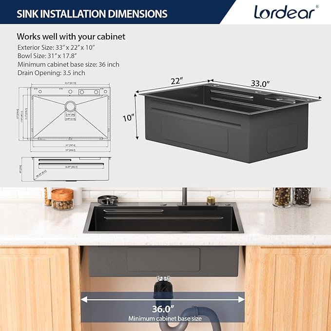 Lordear 33 Inch Black Drop In Kitchen Sink Waterfall T304 16 Gauge Stainless Steel Single Bowl Workstation Ledged Functional Large Kitchen Sinks 33x22x10 Inch