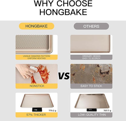 HONGBAKE 2 Pack Jelly Roll Pan 15x10, Commercial Cookie Sheets for Baking with Diamond Texture Surface, 57% Thicker Carbon Steel Baking Sheet for Oven, Nonstick Cooking Tray