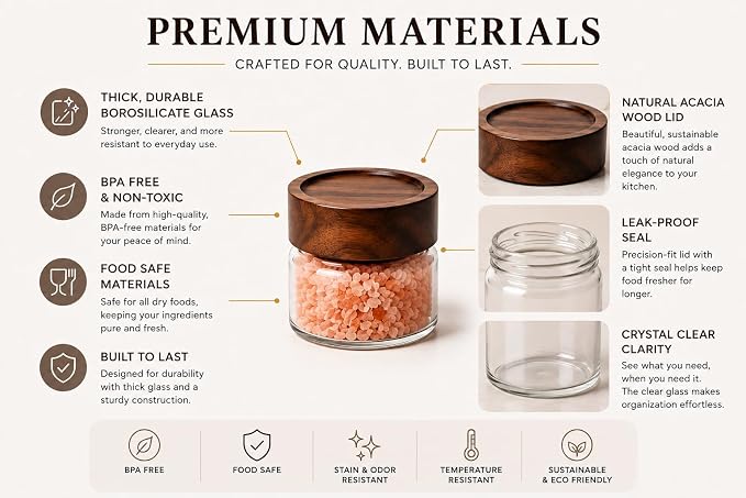 Wide Mouth Glass Storage Jars With 2.5" Acacia Wood Lids - 4 Pack of 4 Oz Food Storage Containers - Borosilicate Glass Canisters Sets For Kitchen - Pantry Organizers and Storage for Rice Coffee Beans