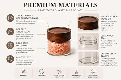 Wide Mouth Glass Storage Jars With 2.5" Acacia Wood Lids - 4 Pack of 4 Oz Food Storage Containers - Borosilicate Glass Canisters Sets For Kitchen - Pantry Organizers and Storage for Rice Coffee Beans