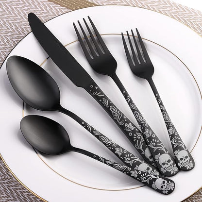 40 Piece Skull Pattern Matte Silverware Set for 8, Black Flatware set Service for 8,Gothic Unique Skull Pattern Design,18/0 Stainless,Satin Finish Cutlery for 8,Dishwasher Safe