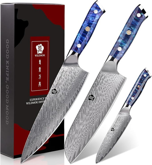 WILDMOK Kitchen Knife Set, 3 Piece Damascus Steel Professional Chef Knife Set with Ultra Sharp Blade & Resin Handle -Kitchen Knife Set 3 Pcs