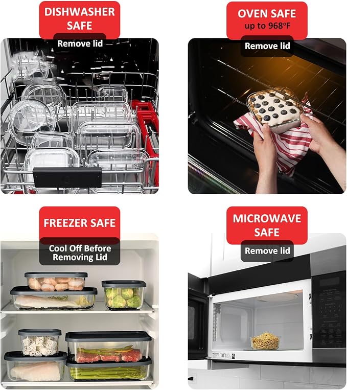 EATEX Grooved Base Glass Meal Prep Containers, 6 Pack Glass Food Storage Containers with Lids for Meal Prep & Lunch, Microwave Oven Freezer Dishwasher Safe, Anti Moisture Non-Stick Design - Black