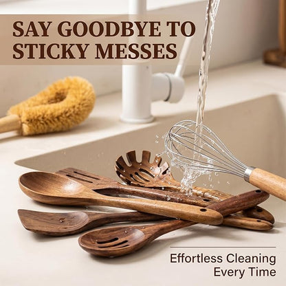 8 Pcs Wooden Kitchen Utensils Set, Natural Acacia Wood Utensils Set for Cooking, Durable Easy Clean Wooden Utensil Set with Acacia Wooden Spatulas and Spoons for Nonstick Cookware
