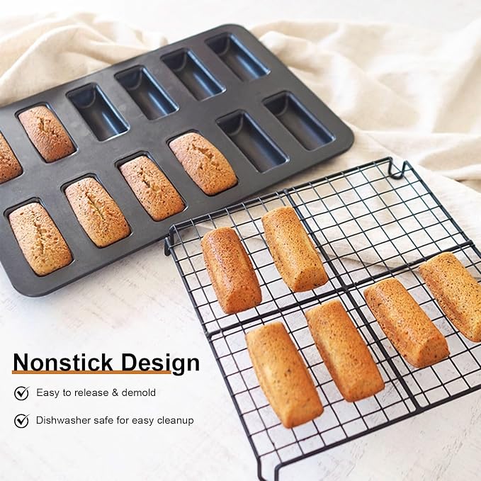 2 Pack Financier Cake Baking Pan, 12-Cavity Non-Stick Rectangle Muffin Pan, Carbon Steel Financier Cake Mold, Biscuits Cookies Bakeware for Oven Baking – Black
