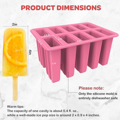 Miaowoof Homemade Popsicle Molds, 10-Cav Non-BPA Silicone Ice Pop Maker, with 50 Sticks, 50 Bags, 10 Reusable Sticks, Funnel, Brush and Ice Pop Recipe (Pink)