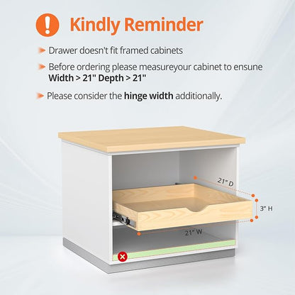 ZOINLIY 21''W X 21''D X 3''H Wooden Pull Out Drawer for Cabinet, Cabinet Organizer for Kitchen, Soft Close Slide Out Shelves, Heavy Duty, Full-Extension
