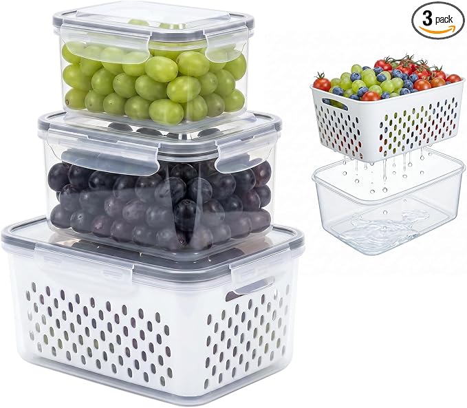 Fruit Storage Containers for Fridge, Grape Organizers with Removable Colander, 3-Pack No-Leak Design, Durable and Easy to Clean, Keeps Grapes Fresh, Perfect for Fridge Storage and Organization