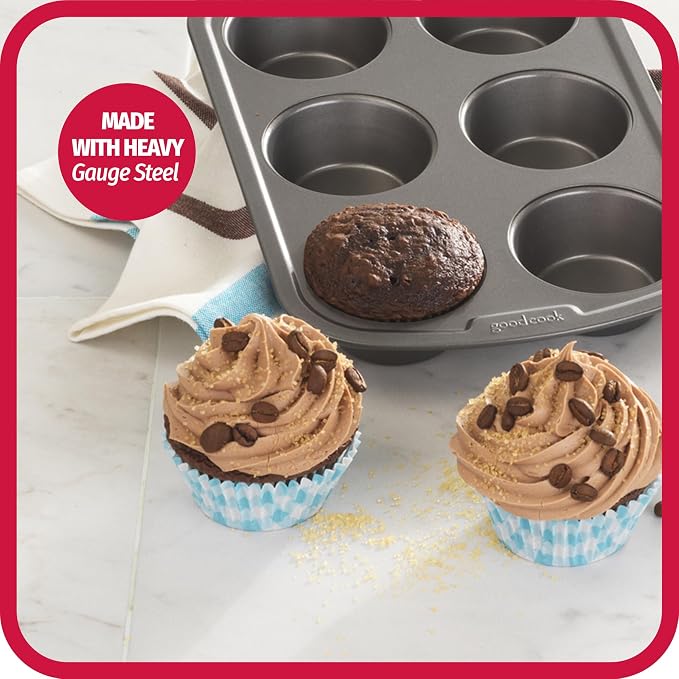 GoodCook Everyday Muffin Pan Nonstick Warp-Resistant Carbon Steel Construction, 6-Cup, Gray