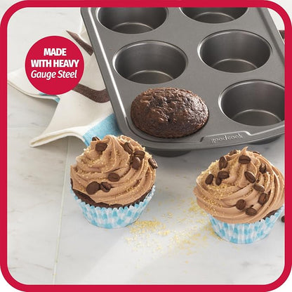 GoodCook Everyday Nonstick Steel Muffin Pan, 6 cup, Gray (Pack of 12)