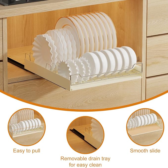 LinTimes Expandable Pull-Out Cabinet Organizer, Stainless Steel + Carbon Steel Cabinet Frame Dish Rack, Upgraded Sliding Drawer, 42.3 * 30 * 7.5cm White
