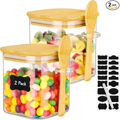 Glass Jars with Airtight Lids - 2 Pack 24 Fl.oz Square Glass Storage Jars with Bamboo Lid and Spoon, Stackable Kitchen Pantry Container Clear Food Canister for Spice, Coffee, Sugar, Tea, Nuts