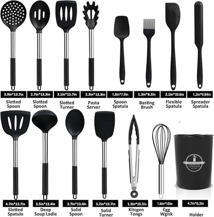 KSENDALO Cooking Utensils Set of 26 - Non Toxic Black Silicone Kitchen Utensils Set with Spoons, Heat Resistant Tong, Whisk & Holder, Dishwasher Safe