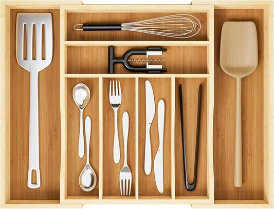 Expandable and Adjustable Bamboo Drawer Organizer Tray - Cutlery & Flatware Organizers for Kitchen Utensils, Silverware Organizer with Dividers, 6-8 Slots with Curved Grooves (Natural)