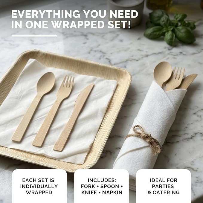Prerolled Disposable Bamboo Cutlery Set – 50 Pack Pre Wrapped Silverware and Napkin Bundle with Forks, Knives, Spoons for Parties, Weddings, Events, and BBQ (Natural - Beige String)