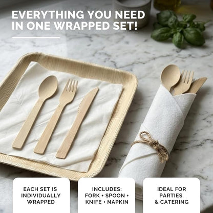 Prerolled Disposable Bamboo Cutlery Set – 50 Pack Pre Wrapped Silverware and Napkin Bundle with Forks, Knives, Spoons for Parties, Weddings, Events, and BBQ (Natural - Beige String)