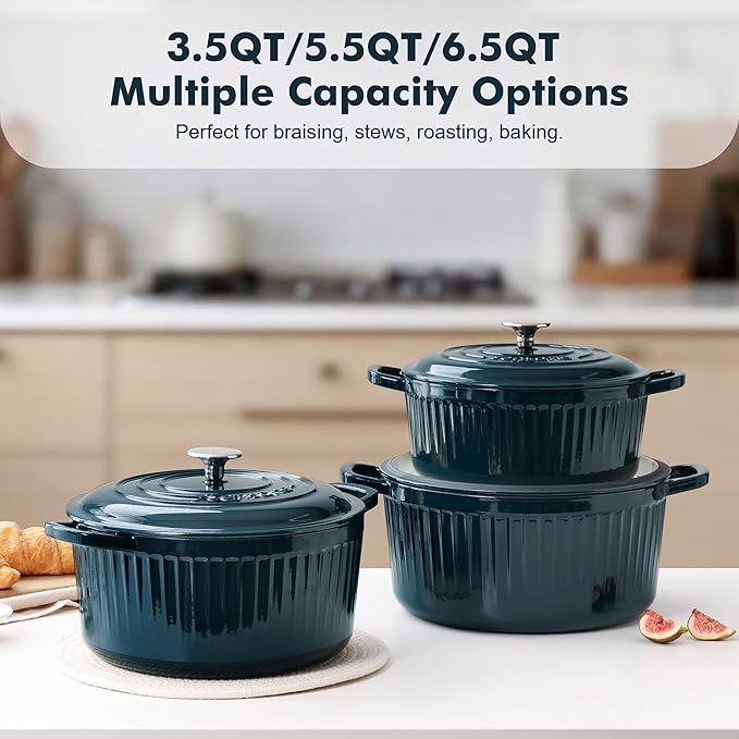 SENSARTE Enameled Cast Iron Dutch Oven Pot with Lid 3.5/5.5/6.5 Quart Heavy-Duty Round Dual Handles Kitchen Pot with Cotton Potholders & Silicone Trivet, Pot for Bread Baking, Stews, Braising, Roasting, Oven Safe, 3.5 Quart, Emerald Green