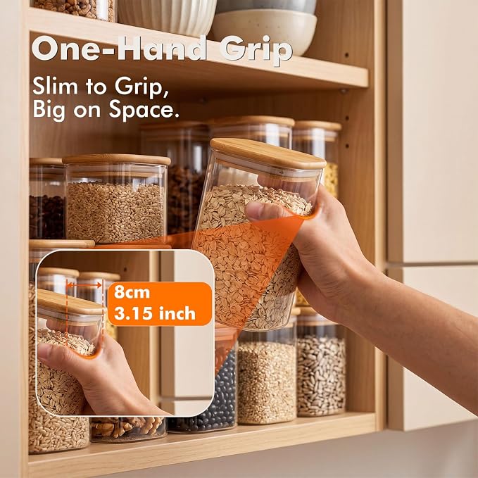6-Pack 0.7Qt Small Rectangle Glass Storage Jars with Bamboo Lids | Minimalist Kitchen Organizer,Pantry Storage Container,Food Storage Container,Scandinavian Style Storage,Nordic Style Storage
