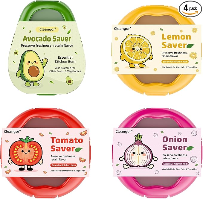 CLEANGOR Set of 4 Reusable Fruit and Vegetable Storage Containers with Snap-On Lid, Avocado Saver and Onion Saver, Silicone Food Saver, Ideal for Avocados, Tomatoes, Lemons, Orange and Onions