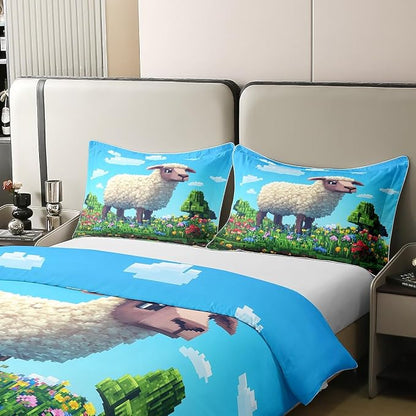 Castle Fairy Cute Sheep 100% Natural Cotton Duvet Cover Queen Pixel Style Farm Animals Comforter Cover Colorful Floral Geometric Games Bedding Set 3 Pcs Bed Cover,Comforter Not Included