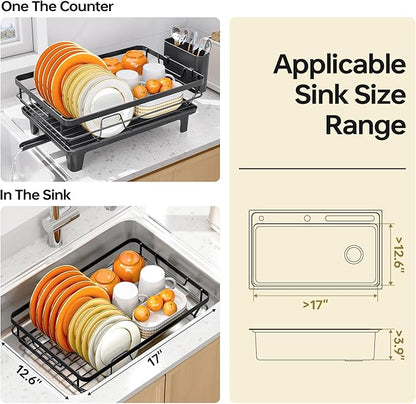 TOOLF Dish Drying Rack, Small Dish Racks for Kitchen Counter, Stainless Steel Sink Organization and Storage Essentials with Cutlery Holder, Dish Drainer, Home and Appartment Decor, Black