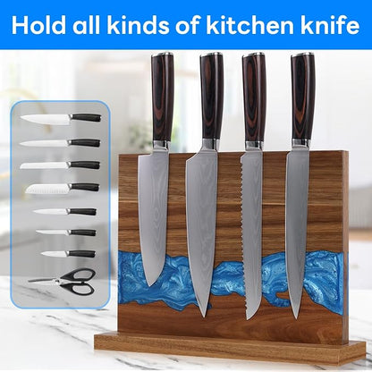 Magnetic Knife Block | Double Sided Magnetic Knife Holder | Acacia Wood Magnetic Knife Rack | Magnetic Knife Storage Stand for Kitchen Counter, Blue Resin River, 12.59×9.84IN (No Knife)