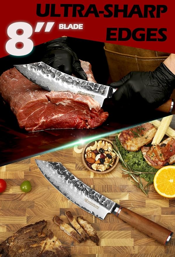 YOUSUNLONG Butcher Knife 8" Cimitar Hybrid Cleaver Japanese Hammered Damascus Steel Natural Walnut Wooden Handle