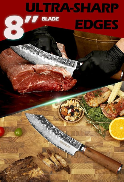 YOUSUNLONG Butcher Knife 8" Cimitar Hybrid Cleaver Japanese Hammered Damascus Steel Natural Walnut Wooden Handle