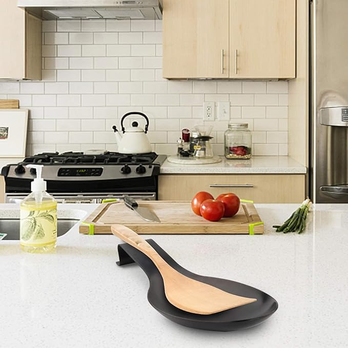 VanlonPro Stainless Steel Spoon Rest, Spatula Ladle Holder, Stainless Steel Utensil Spoon Rest Holder, Brushed Finish, Dishwasher Safe 9.8 x 3.7 Inch (Black 1PC)